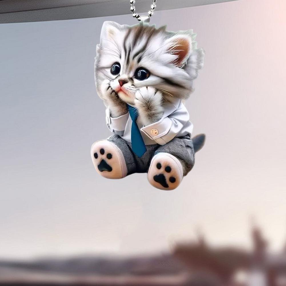 Car Pendant Hanging Ornament With Chain Realistic Animal Cat-Shaped Rearview Mirror Hanging Decor Car Interior Accessories