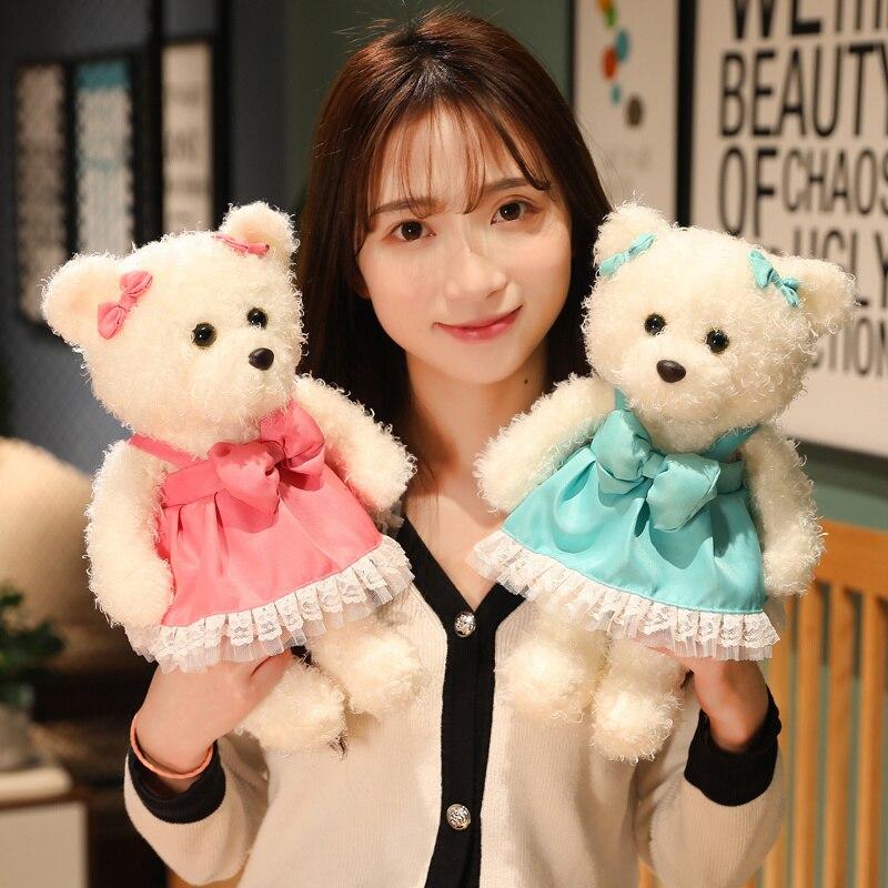 Kawaii Plush Curly Hair Teddy Bear Toys Charming Bear with Bow Suspender Dress Pillow Stuffed Soft Dolls Girls Gifts