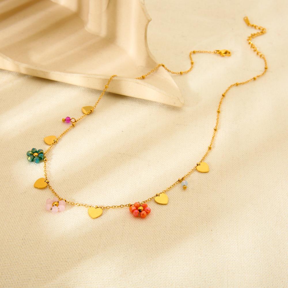 ins sweet retro color flower love fringed round bead necklace plated with 18K gold stainless steel neck chain jewelry