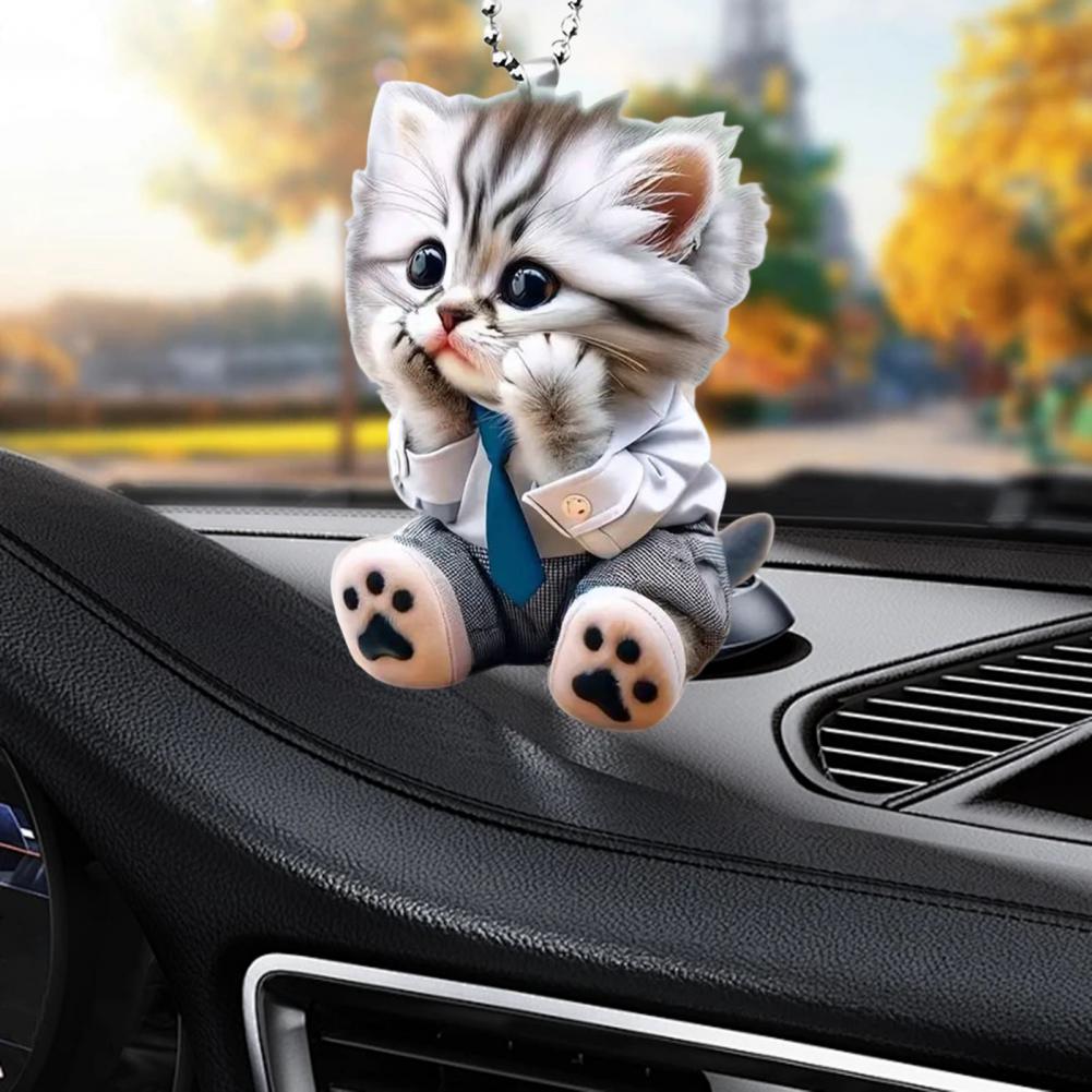 Car Pendant Hanging Ornament With Chain Realistic Animal Cat-Shaped Rearview Mirror Hanging Decor Car Interior Accessories