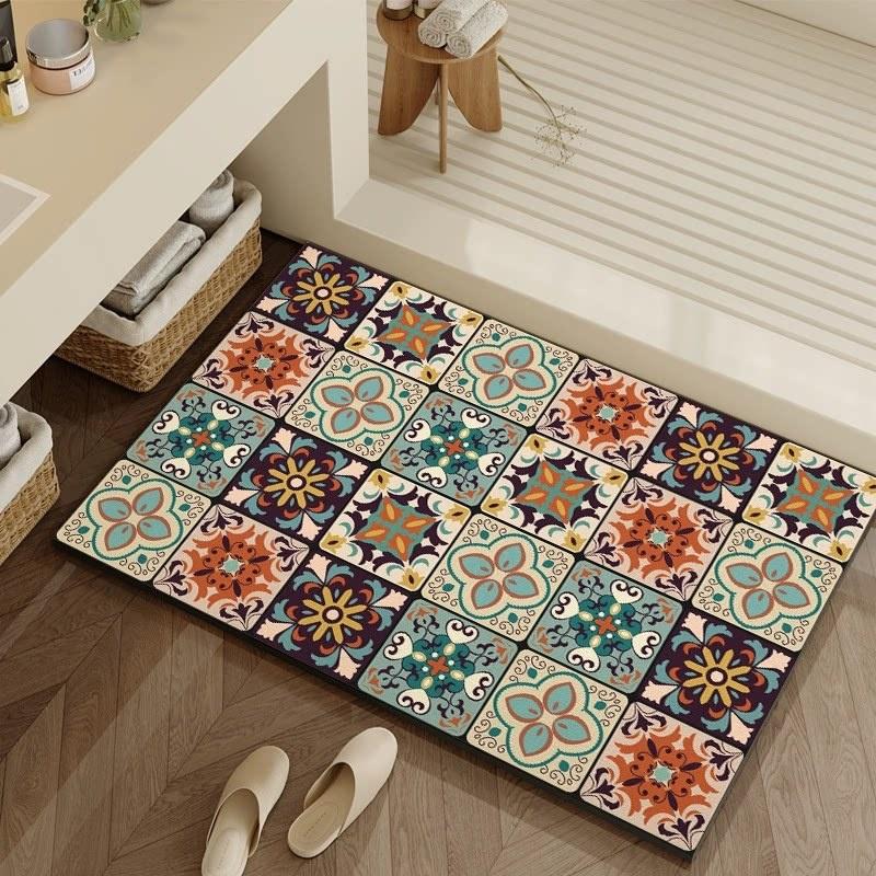 Vintage Colorful Tile Pattern Floor Mat Coil Doormat Bohemian Floral Wear Resistant Entry Mat