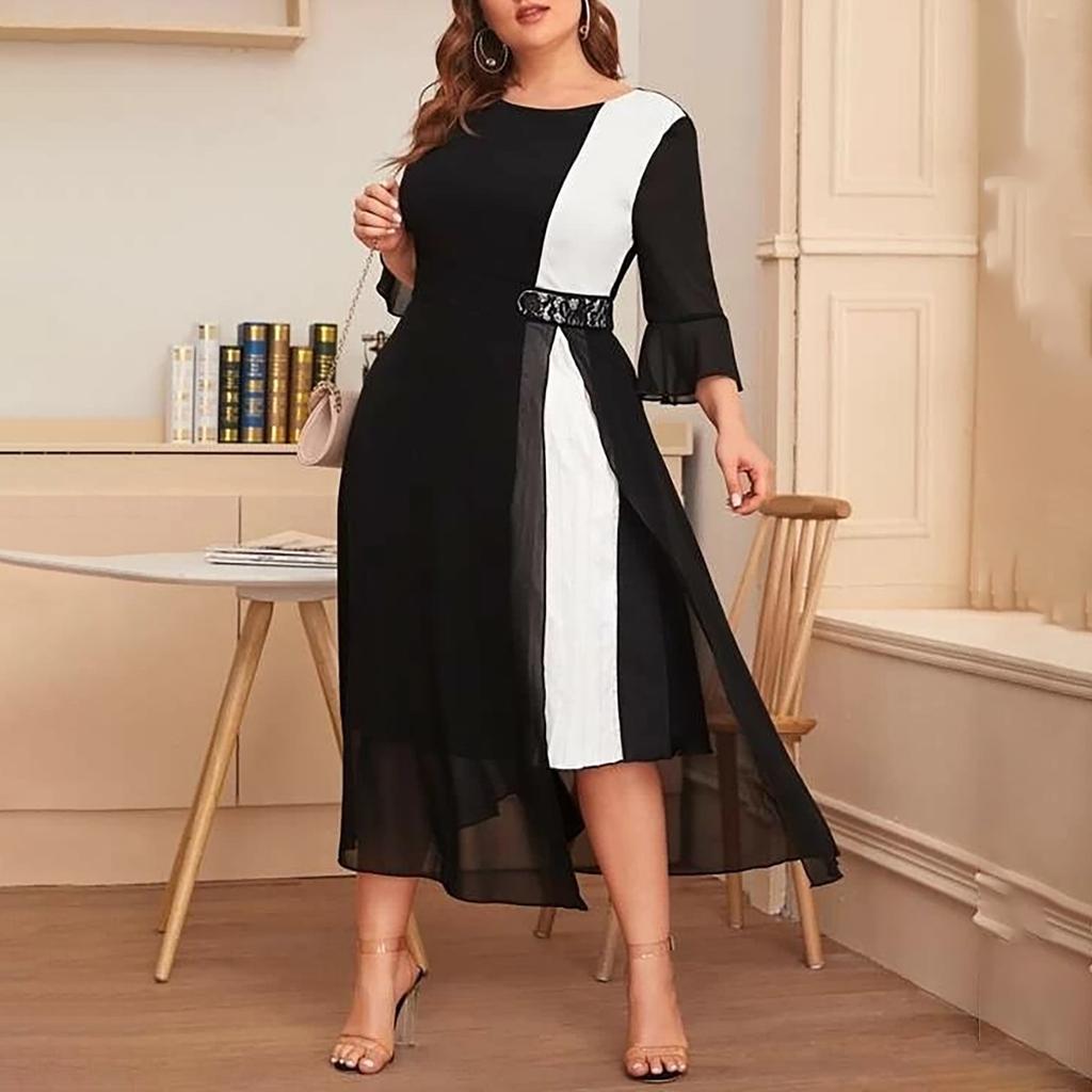 Women's Fashion Plus Size Skirt Chiffon Stitching Collision Color Waist Dress