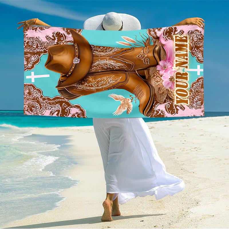 1PC Custom Name Western Cowboy Theme Beach Towel Highly Absorbent And Sand-Resistant Towel for Swimming, Pool, Yoga, And Travel Lightweight