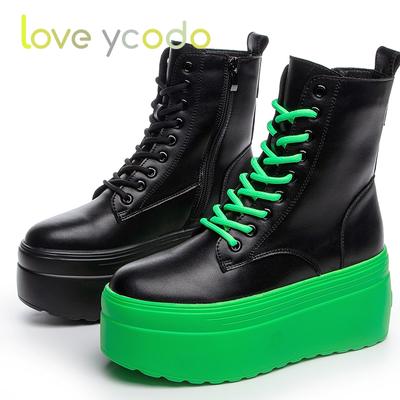 Женские осенние и зимние модные повседневные ботильоны из бычьей кожи с очень толстой подошвой