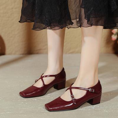 Французские туфли на среднем каблуке с перекрестными ремешками, с маленьким квадратным носком, ретро женские туфли, толстый каблук, неглубокий вырез, туфли на высоком каблуке