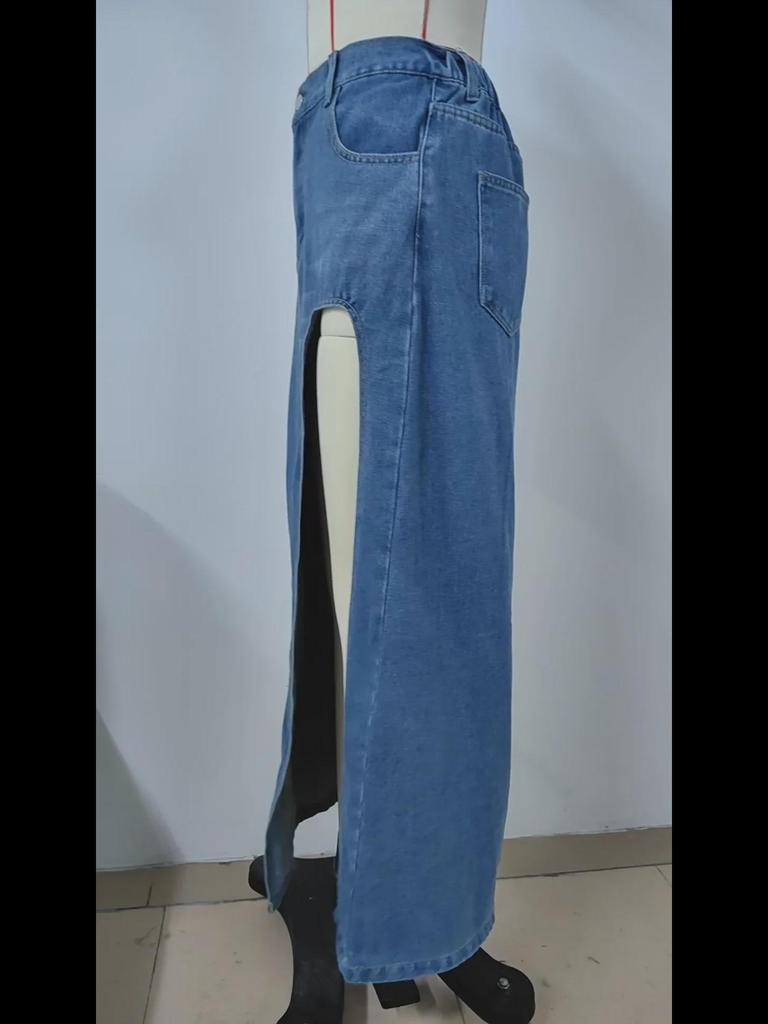 European & American Washed High-Slit Sexy Denim Long Skirt for Women