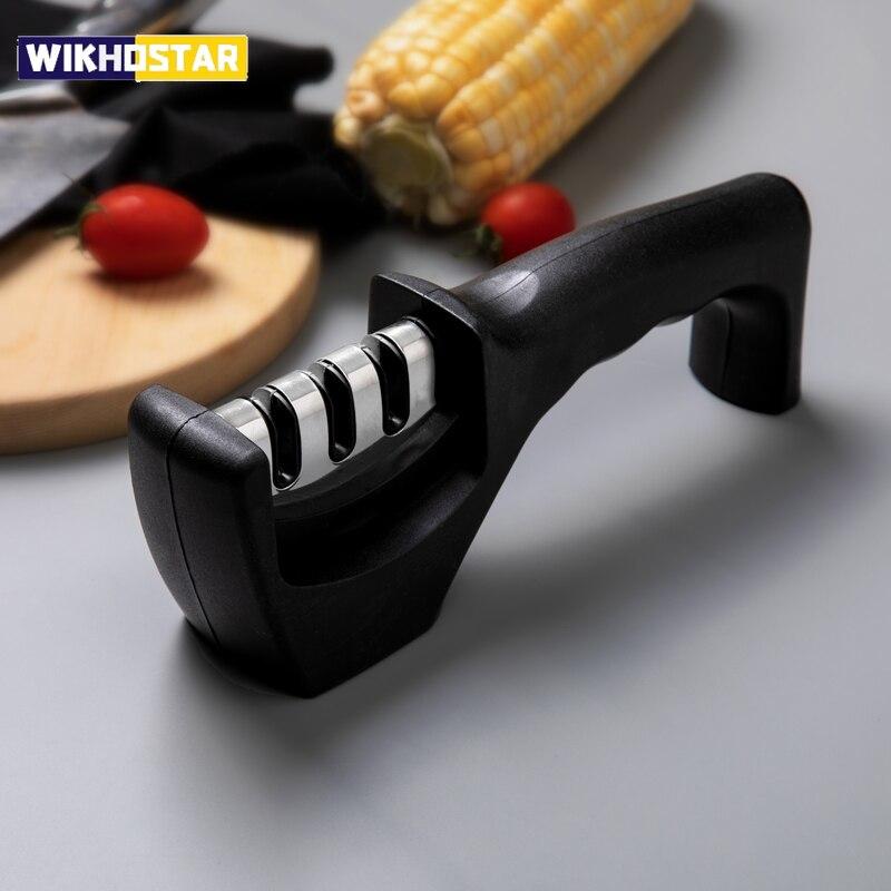 1pc Black 3 Stages Type Quick Sharpening Tool Knife Sharpener Handheld Multi Function With Non Slip Base Kitchen Knives