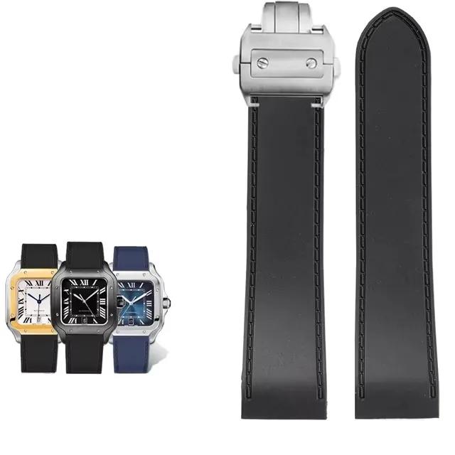 Для Cartier santos100 Santos силиконовый резиновый ремешок для часов santos 100 Металлическая пряжка ремешок для часов мужской Черный мягкий браслет 23мм 25мм
