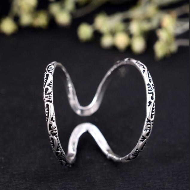 Dainty Scrollwork Double Band Ring | Adjustable Silver Knuckle Ring | Oxidized Pattern Mid-Finger Splint Jewelry | Boho Statement Gift