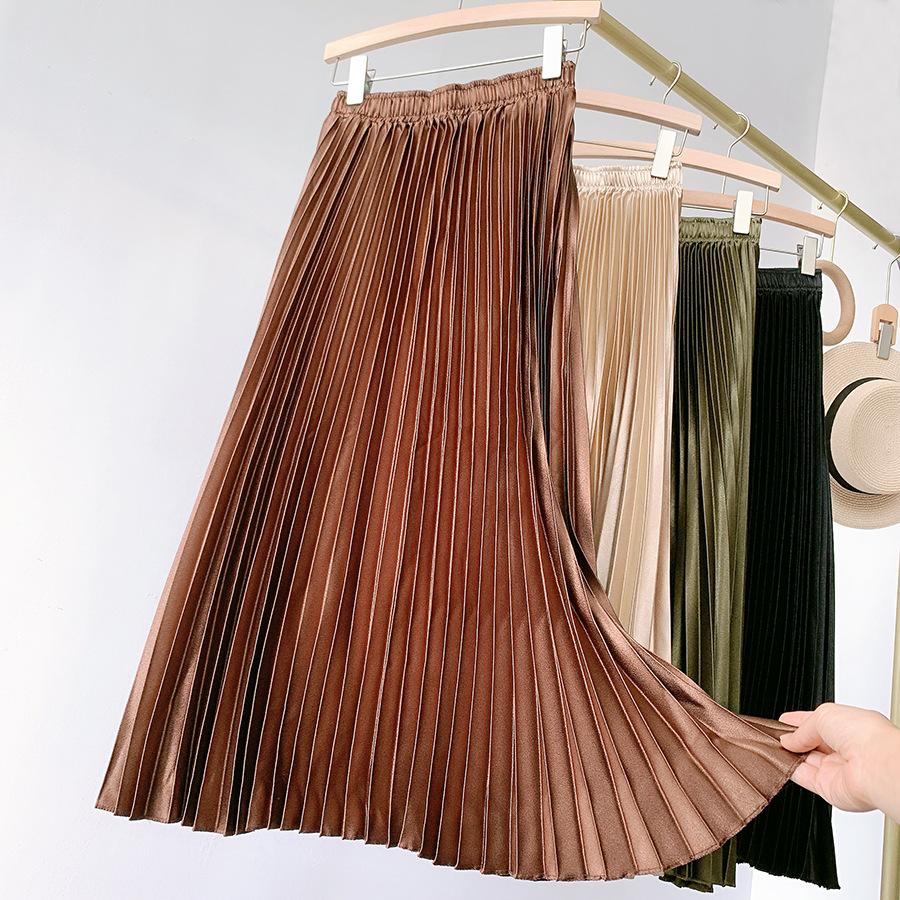 High Waist Satin Metallic Pleated Skirt Spring and Summer Women's Retro Mid-Length Slimming A- Line Skirt