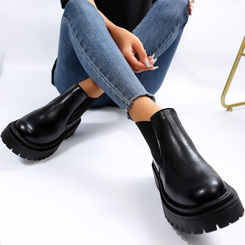 Fashion Chelsea Boots for Women 2024 PU Leather Ankle Booties Woman Punk Thick Bottom Slip On Combat Boots Black Chunky Platform Botas