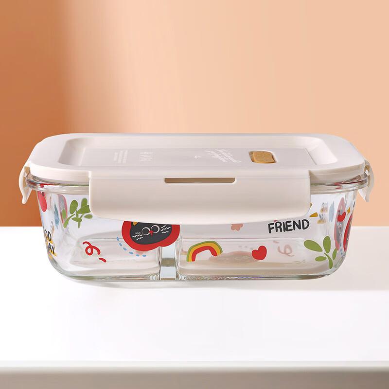 Brown Sugar Apple Heat-Resistant Glass Food Storage Container Microwave Oven Lunch Box for Office Workers Large Long with 2 Compartments