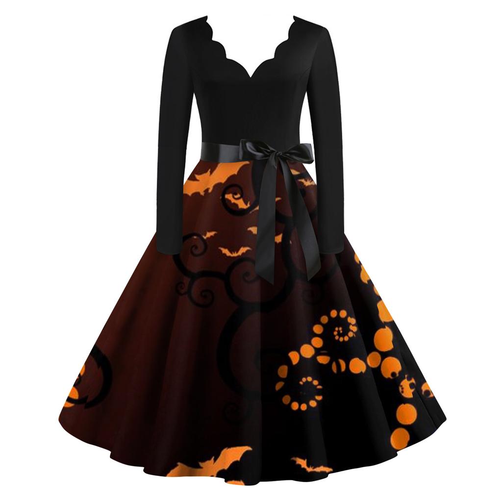 Женское винтажное классическое платье с вырезом на талии и галстуком-бабочкой с длинными рукавами на Хэллоуин с принтом и V-образным вырезом, свободное платье