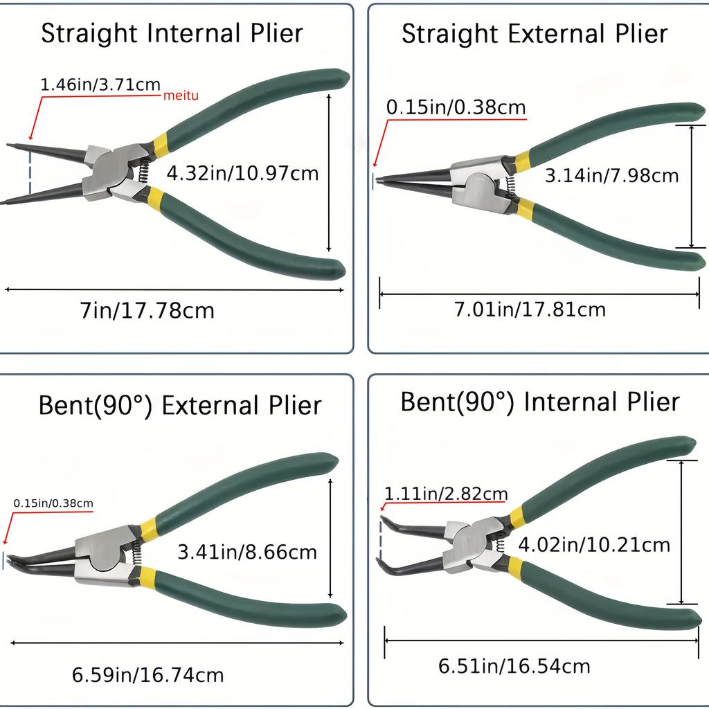 Набор из 4 профессиональных плоскогубцев для стопорных колец, 7-дюймовые сверхпрочные плоскогубцы для внутренних/внешних стопорных колец с прямыми/изогнутыми кончиками, прочная металлическая конструкция,