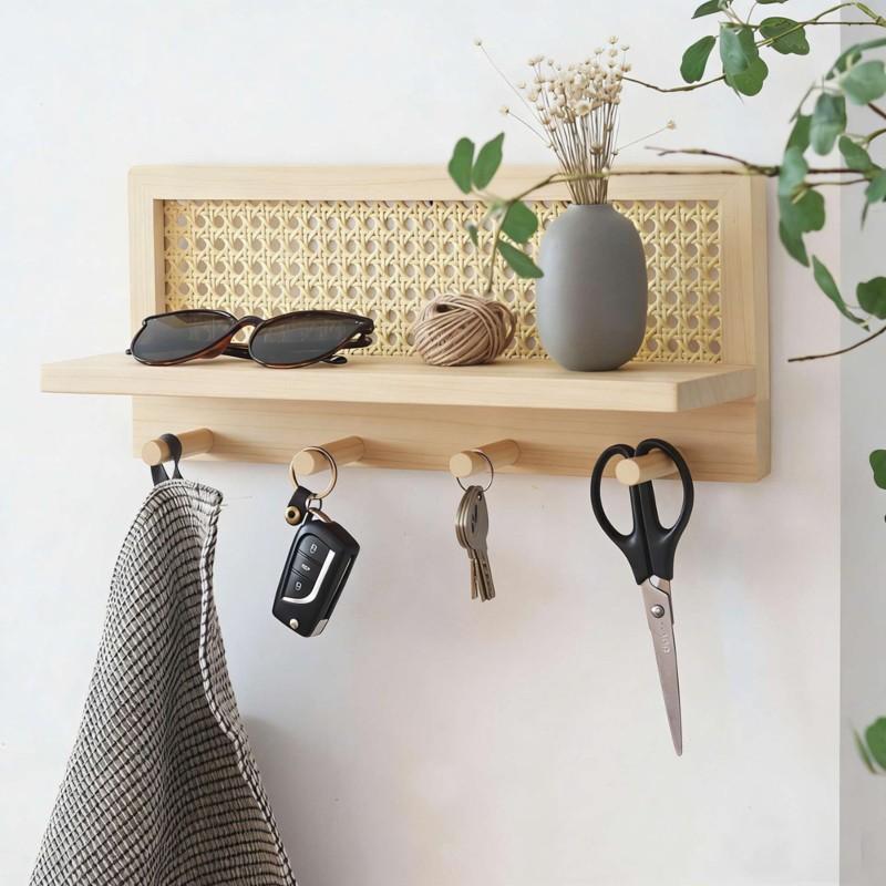 Wall-Mounted Storage Rack In Modern Minimalist Style-Woven Key Hook And Magazine Holder 2Pc In Pine Wood