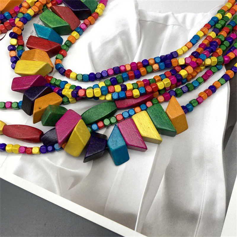 Long Necklace Retro Ethnic Style Multi-Layer Geometry Beach Pastoral Style Wood Colorfull