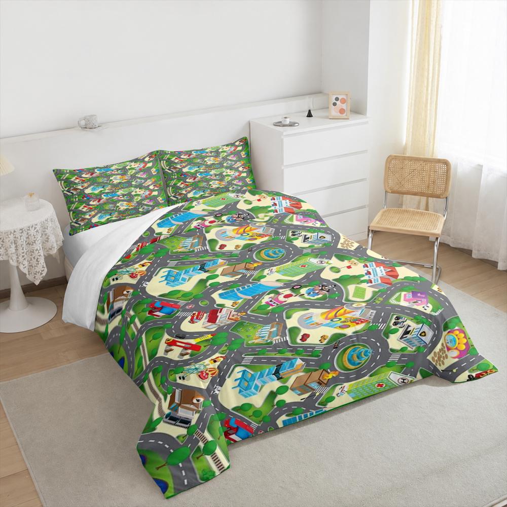 Cartoon City Road Map Play Bedding set (1 duvet cover, 2 pillowcases, duvet not included), Town Buildings Cars Street Art Print