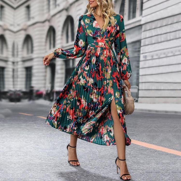 Elegant Women V-neck Chiffon Dress Long Sleeve High Waist A-Line Knee Length Print Winter Autumn