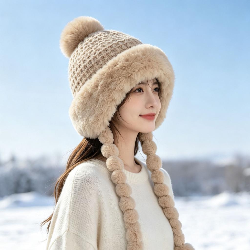 Winter warm ear protection plush hat women's outdoor skiing cold-proof knitted hat plush thickened face small wool hat