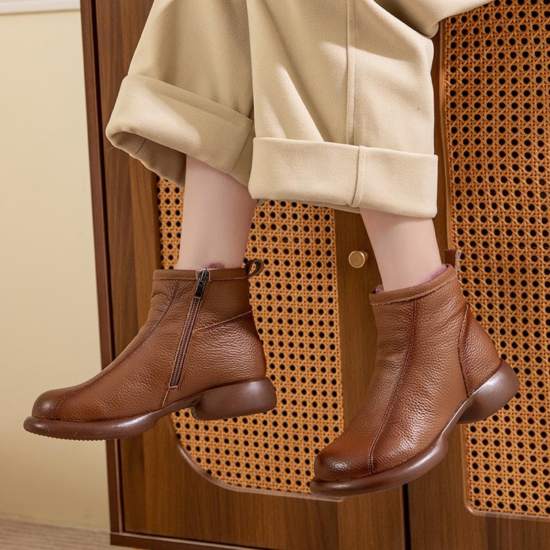 Thick And Warm Cotton Shoes Women's Winter Genuine Leather Anti Slip Low Heel Plush Short Boots