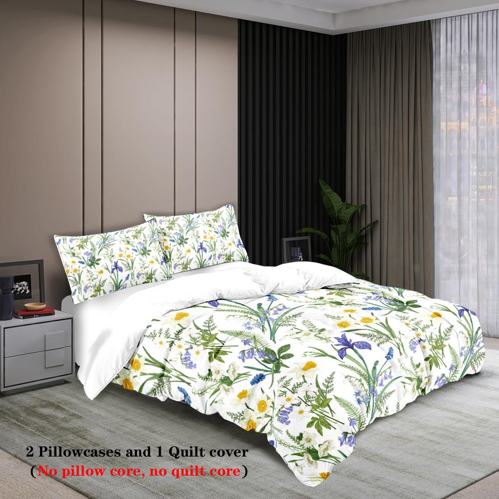 3pcs Plants Pattern Printed Bedding Set,soft and Comfortable, 1*duvet Cover+2*pillowcase, Suitable for Women and Adult's Bedroom