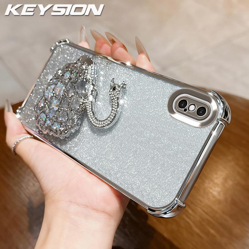 KEYSION Противоударный чехол с гальваническим покрытием для iPhone XS Max Прозрачный ТПУ с блестками, инкрустированный драгоценными камнями лебедь, подставка, задняя крышка для iPhone X XR