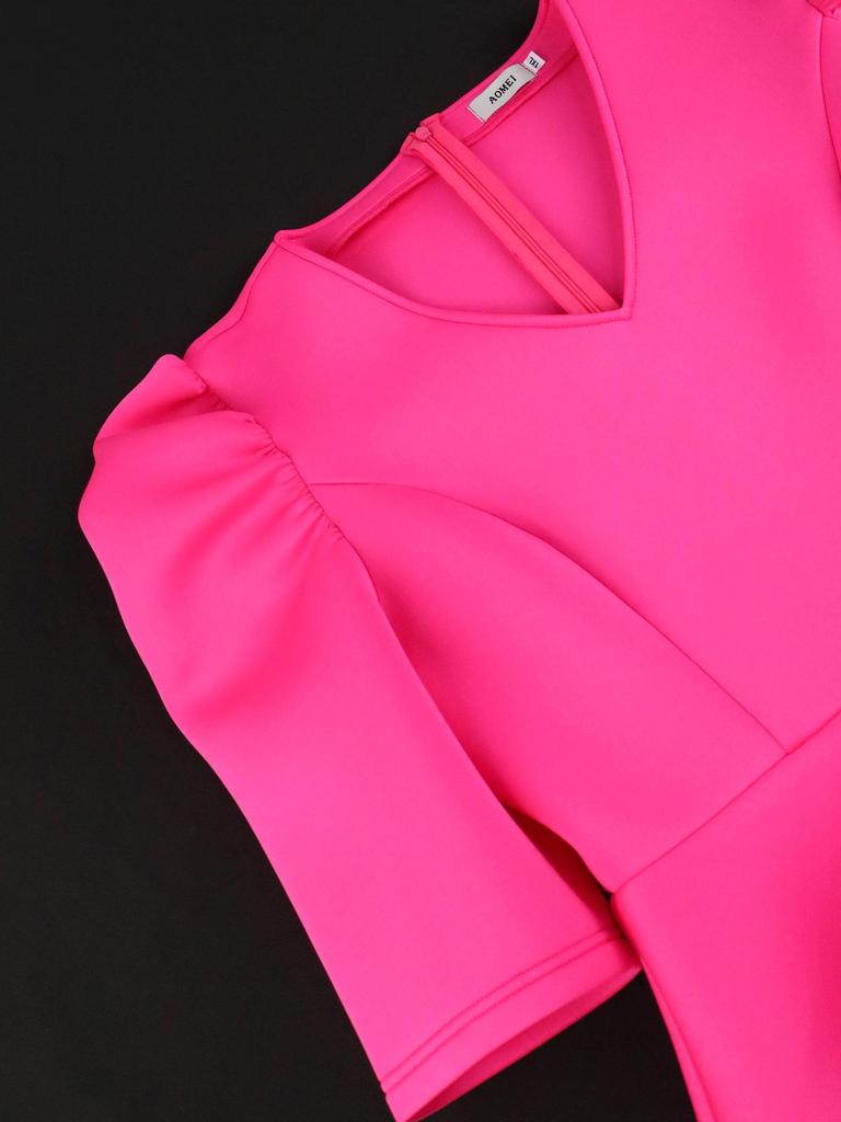 ONTINVA Fuchsia Dresses for Ladies V Neck Puff Half Sleeve Empire Peplum Ruffles Midi Office Work Evening Party Outfits 3XL 4XL