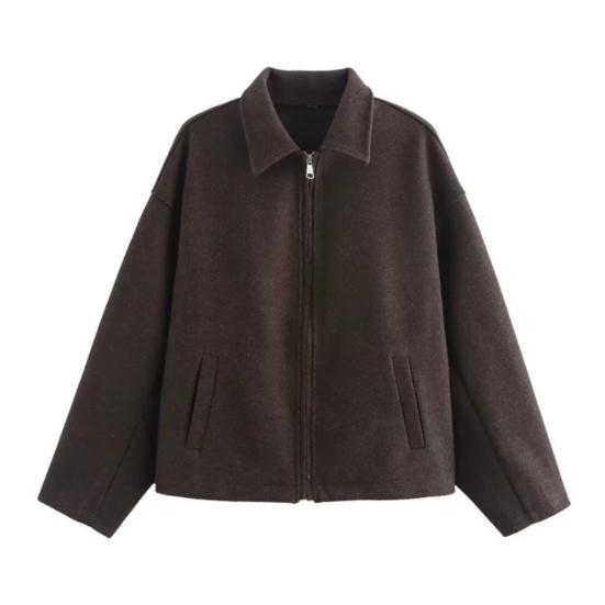 Женская шерстяная куртка на молнии, с длинными рукавами и лацканами, короткое пальто-бушлат, повседневная осенне-весенняя верхняя одежда с карманами