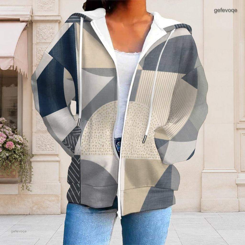 Women Plus Size Geometric Printed Zip Up Hoodie Long Sleeve Drawstring Hood With Pockets