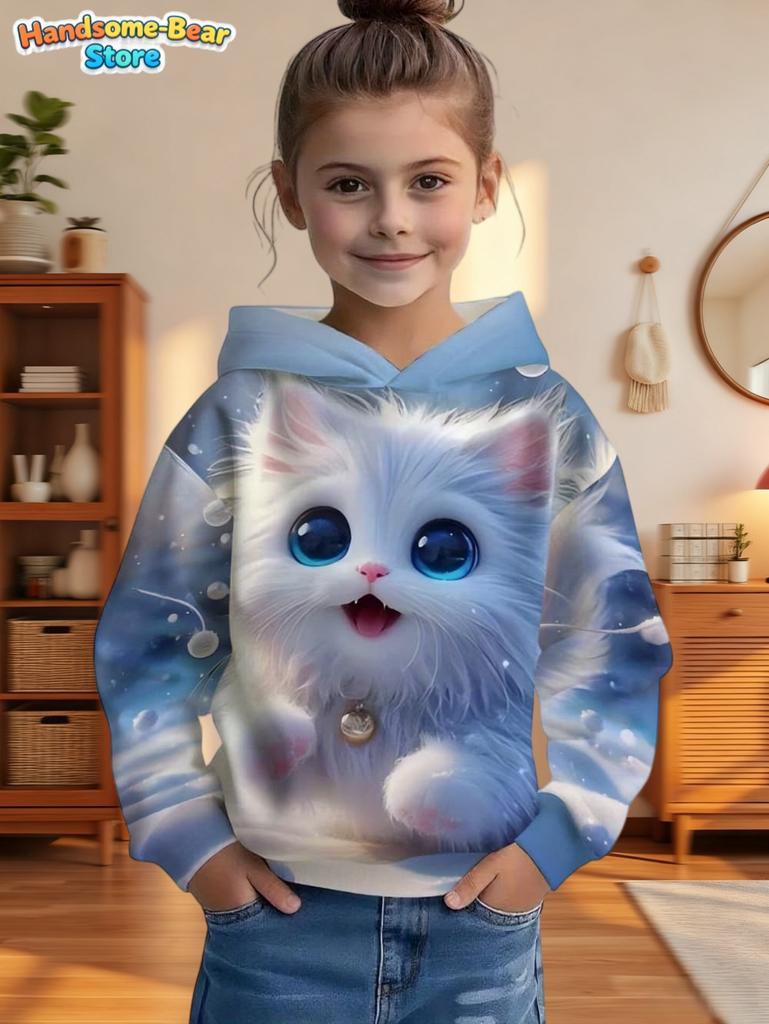 Cute Cat Print Girl Clothes Long Sleeve Sweatshirt Girl Graphic Hoodies Tops Children's Clothing Fashion 3D Print Autumn Clothes