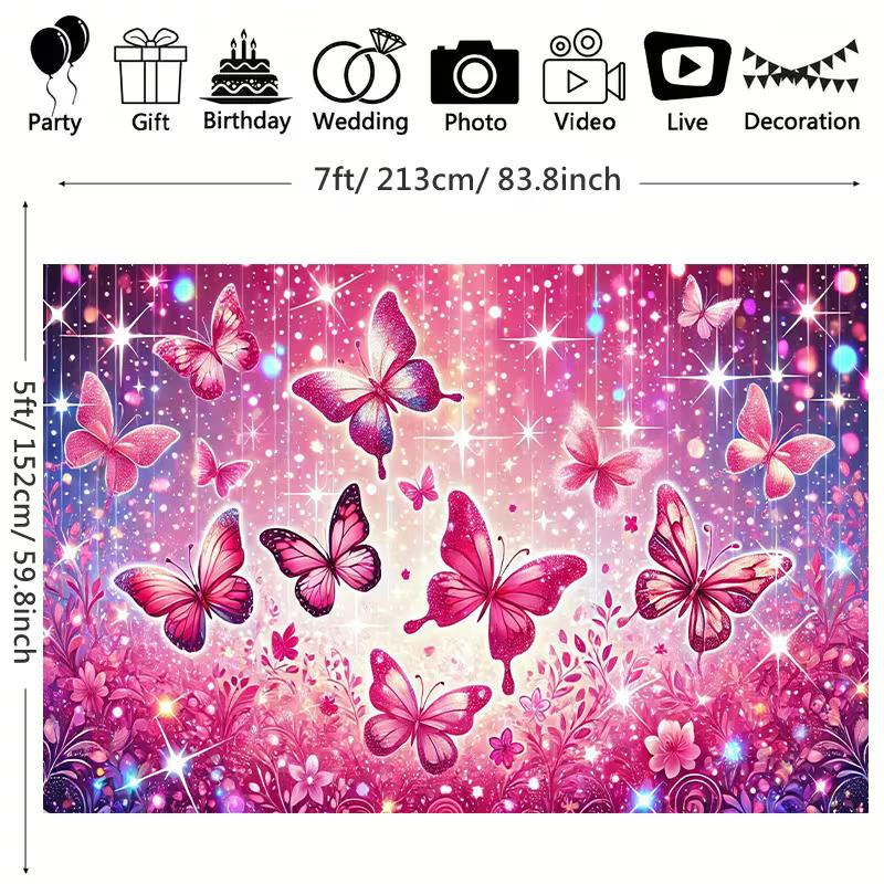2D Pink Butterfly Themed Backdrop Sparkle Glitter Floral Party Decoration Banner