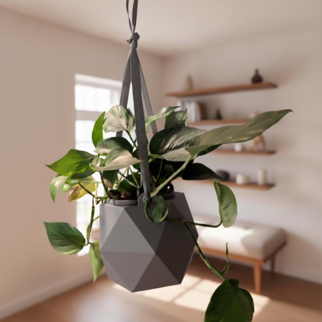 Hanging flowerpot with a gray geometric plant cover