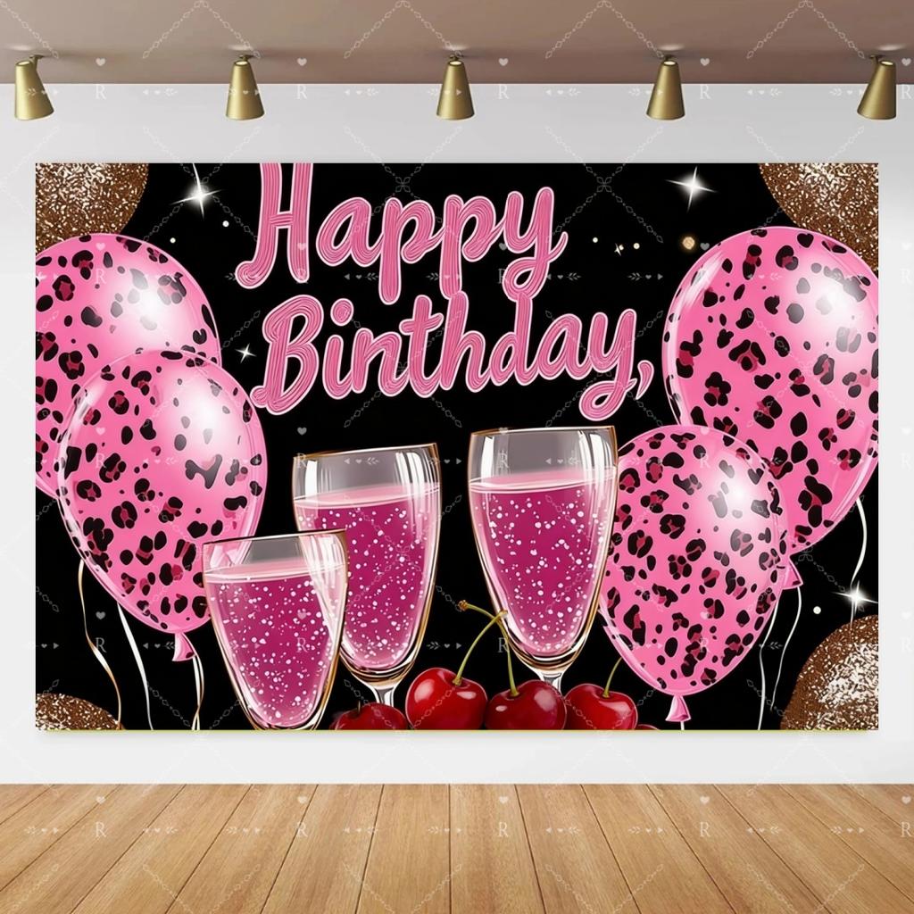 Pink Cherry Leopard Theme Birthday Party Decoration Plate Cup Balloon Banner Sexy Women Girls Shiny Photography Background Gifts