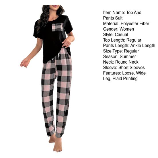 Женский комплект из 2 предметов: топ и брюки, летняя пижама, клетчатые брюки, круглый вырез, короткий рукав, футболка, домашняя одежда, повседневная одежда