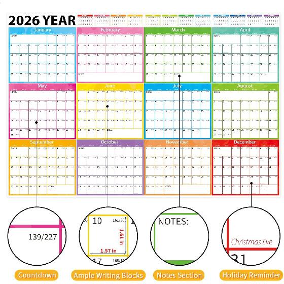 Large 2026-2027 Wall Calendar Dry Erase,MoShining,Yearly Planner 2026-2027,Big Class Calendar,48x32 inch Watercolor Poster Folded,Sturdy Paper Office