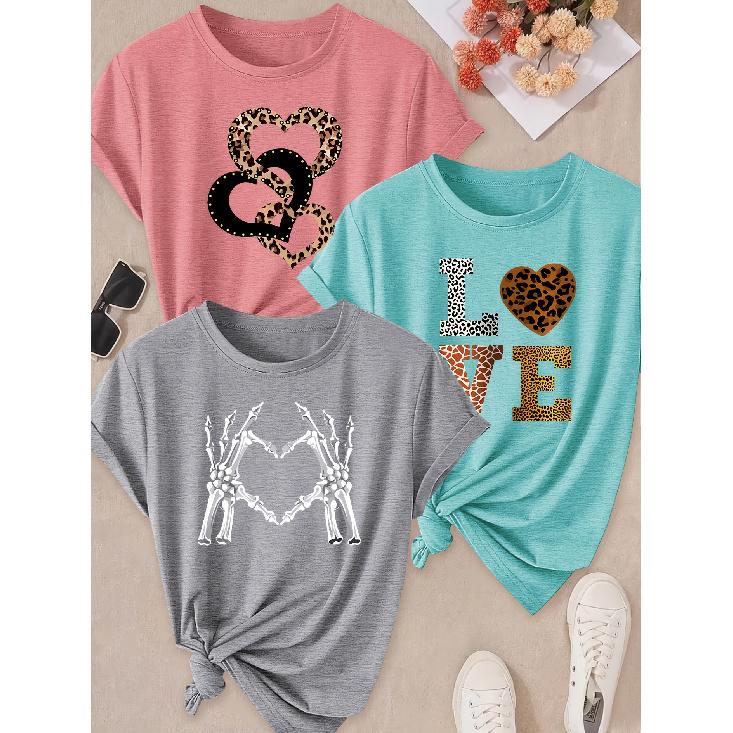 Spring and Summer Hot Sale Women's Clothing 3 Pack of round-neck short-sleeve shirts T Shirt Leopard print heart / Skull hand heart print Cool and