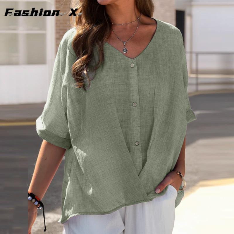 Cotton T-shirt V-neck Short Sleeve Loose Women's Shirt Casual Tops