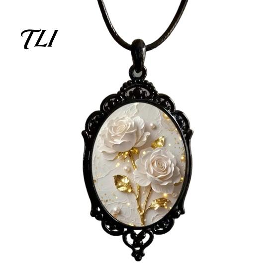 Fashion Jewelry for Parties Oval Floral Pendant Necklace, Vintage Glass Dome Rose Elegant Alloy Adjustable Cord Retro Women Girls Birthday