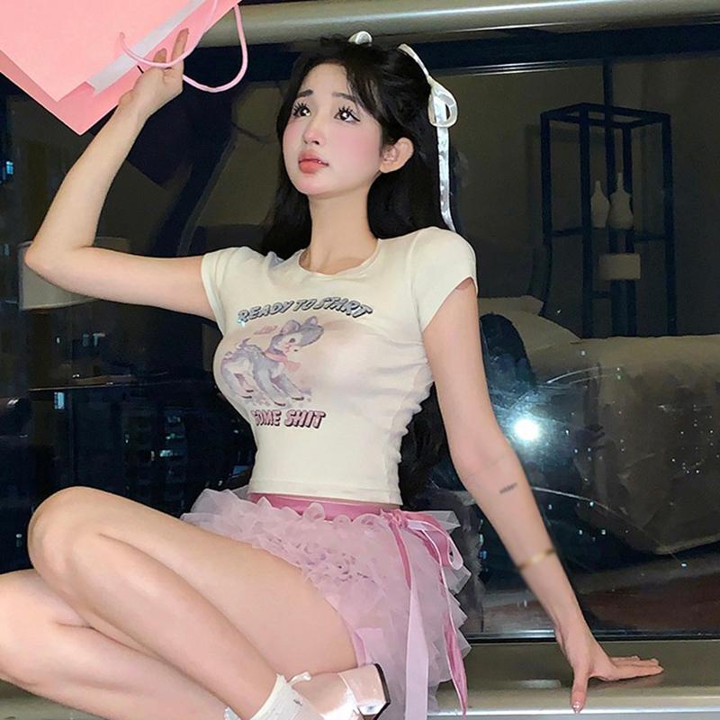 Cartoon Print Slim T-shirt For Women Cute Crew Neck Short Sleeve Casual Versatile Summer Crop Top