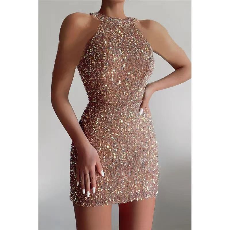 2025 New Fashion Neck Sexy Crystal Fringed Hip Sequined Dress Mid Waist Evening Dress