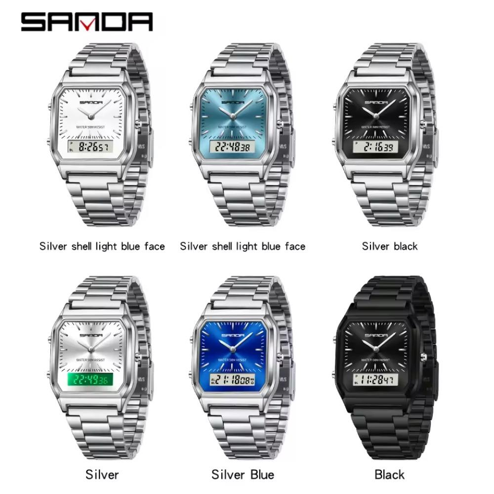 Unisex Analog Digital Quartz Wristwatch Square Case Waterproof Stainless Steel Bracelet Watch