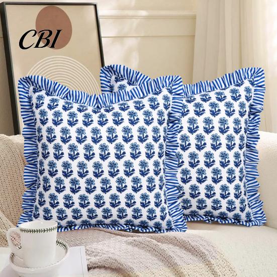 Boho Bedding Accessories Ruffled Floral Cushion Cover, Striped Ruffle Throw Pillow Case, 18x18 Breathable Polyester Shells Inches Farmhouse