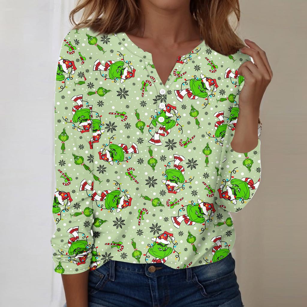 Women's Fashion Casual V-Neck Long Sleeve Decorative Button Christmas Print Top