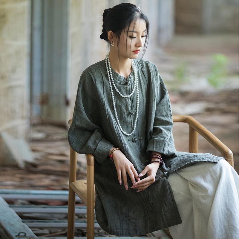 Johnature Женские рубашки рами в китайском стиле с длинными рукавами и осенними блузками, однотонные свободные винтажные женские рубашки