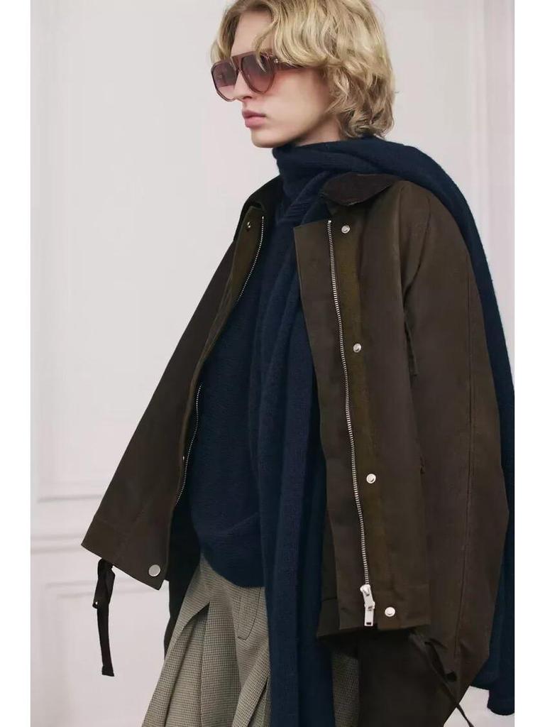 Женская ретро куртка из вощеной кожи с вельветовым воротником 2025 - Европейский и американский повседневный стиль