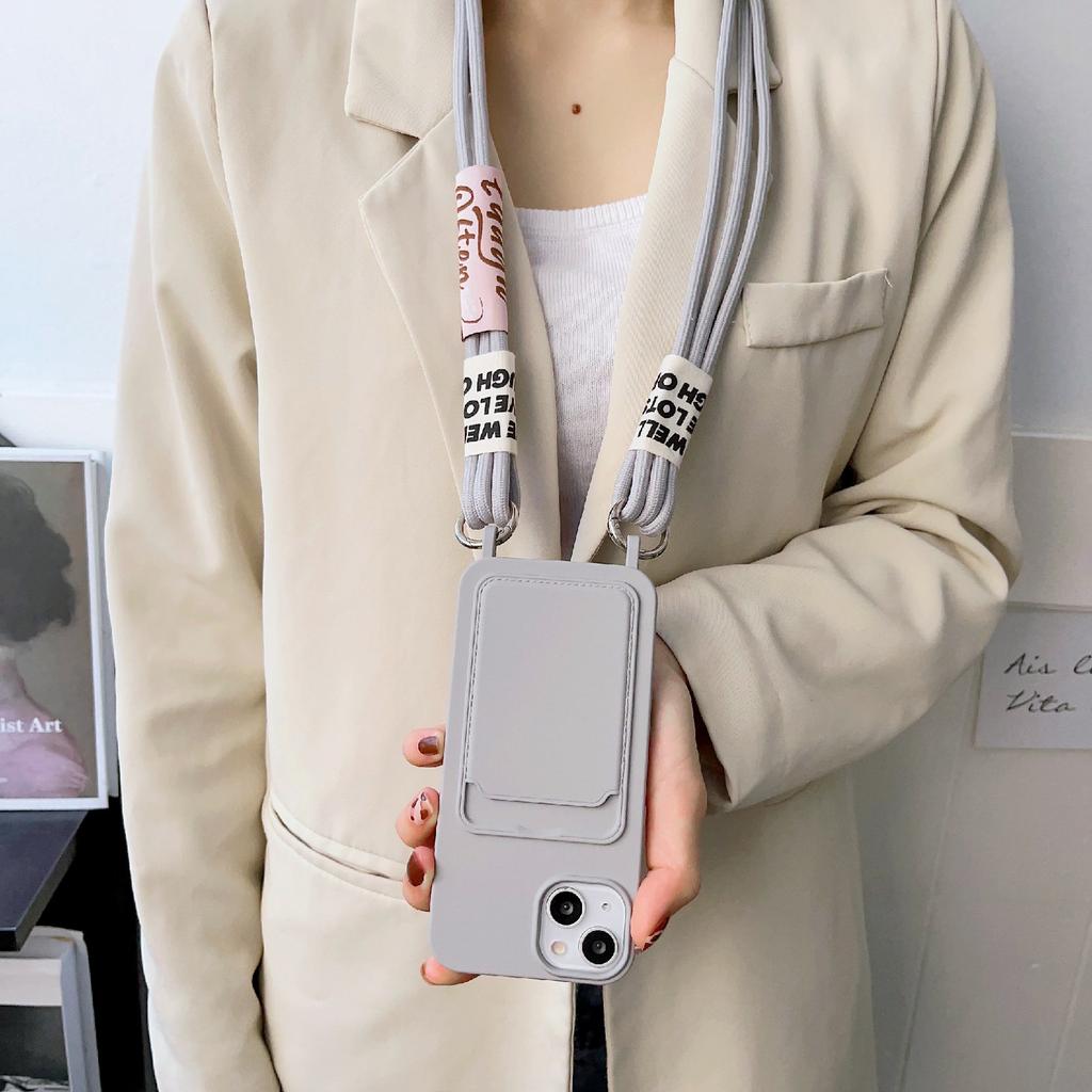 Мягкий жидкий силиконовый чехол для телефона iPhone 14 со слотом для карты, тонкая защитная задняя крышка со шнурком