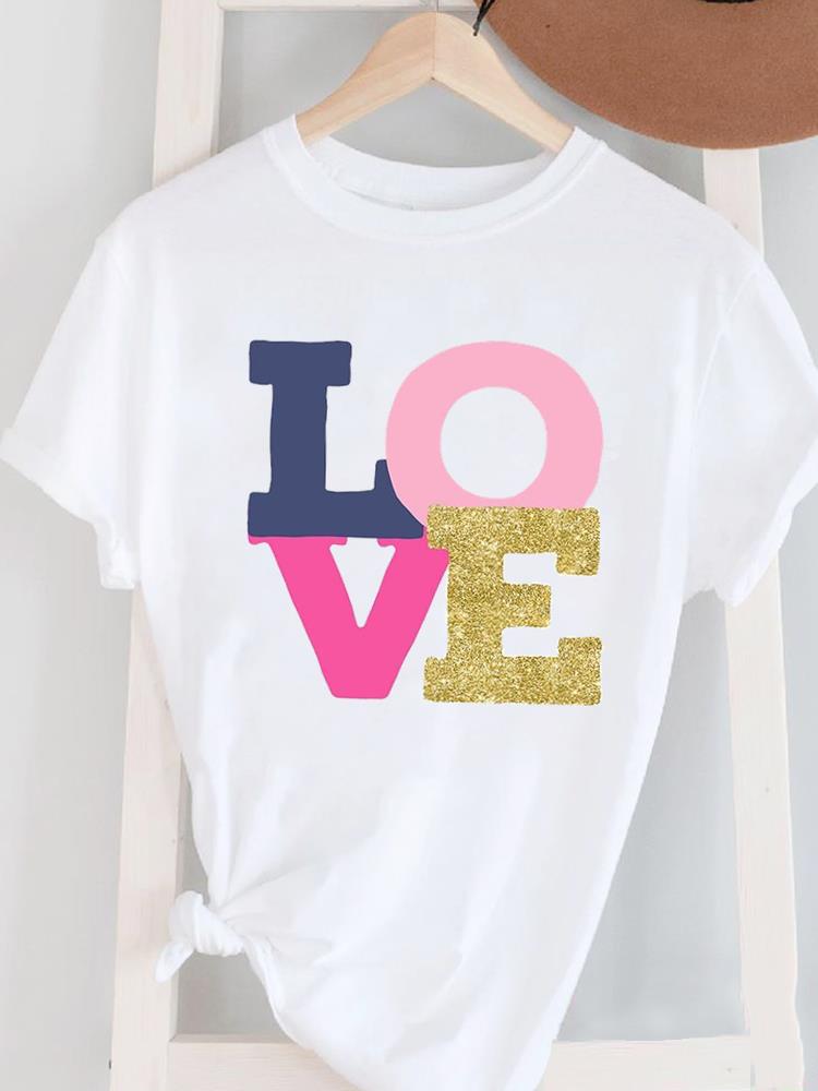 (Asian Size) Love Trend Cute Women's Top T Female Print Short Sleeve T-shirts Fashion O-neck Casual Clothing Graphic Tee