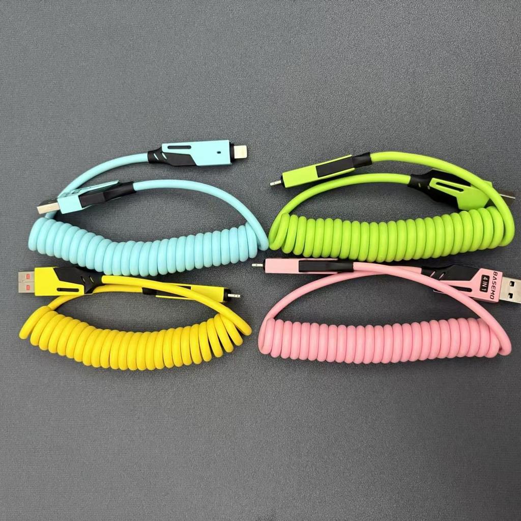 80W Dual Magic Spring Telescopic 4-in-1 Data Cable: 65W + 27W for Apple & Huawei.