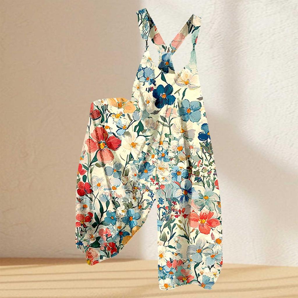 Женский комбинезон с цветочным принтом, повседневный свободный комбинезон из хлопка и льна
