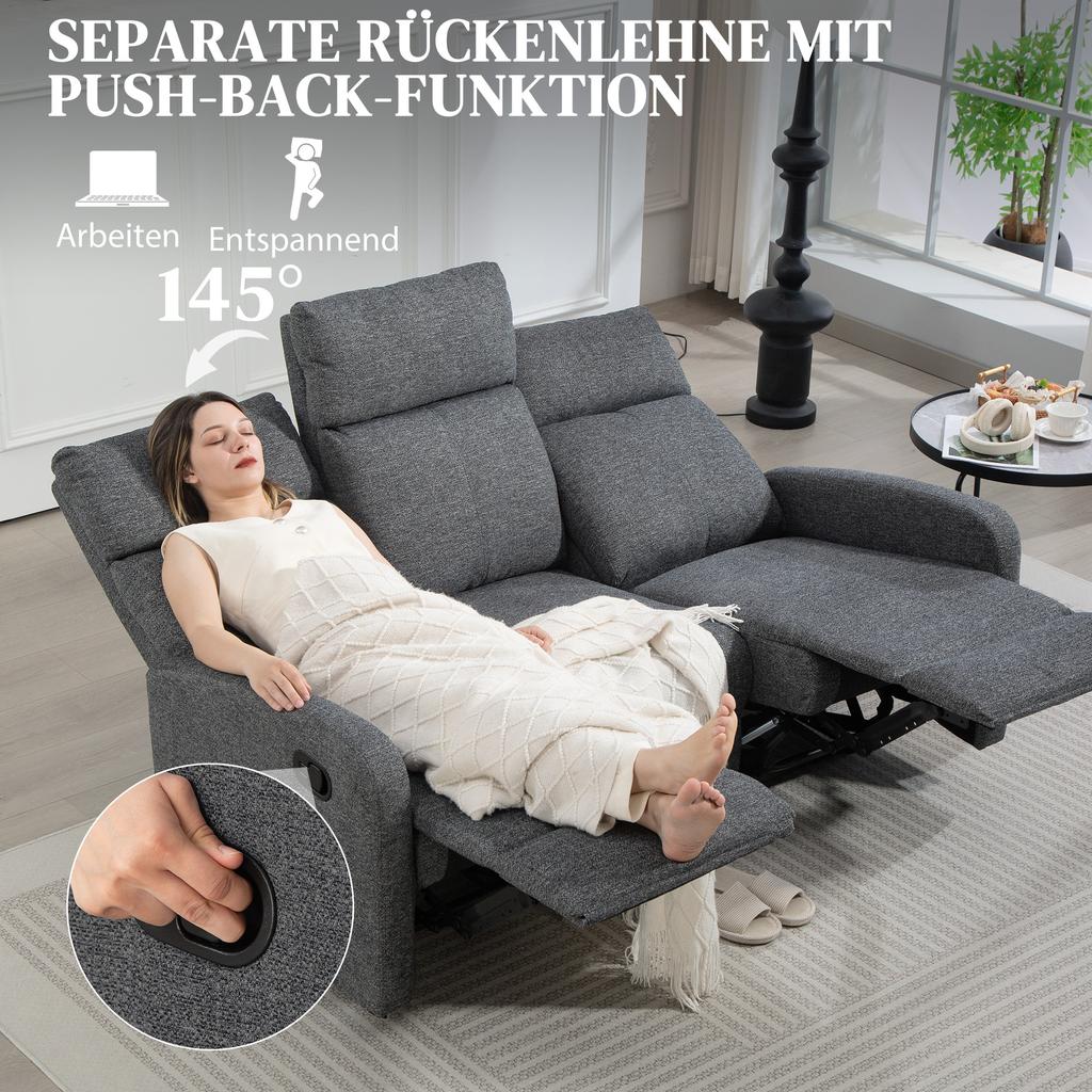 3-Seater Sofa, Individually Adjustable Backrests, Footrest, Fabric Cover, Metal, Grey